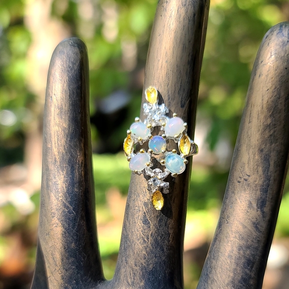STUNNING 5 Opal 4k each & Topaz Sterling & Gold ring sz6.5 - Picture 4 of 6